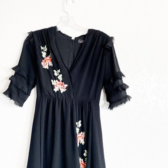 ☀️ TOPSHOP Black Floral Embroidered Surplice Dress Size 2 Ruffle Grunge Tulle - Picture 2 of 6